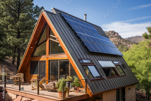 Beautiful house with solar panels on the roof under a bright sky. Sustainable and clean energy at a new eco friendly home.