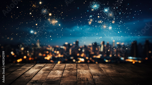 A wooden platform overlooks a blurred cityscape with sparkling fireworks in the night sky, conveying a festive urban atmosphere © fotoworld