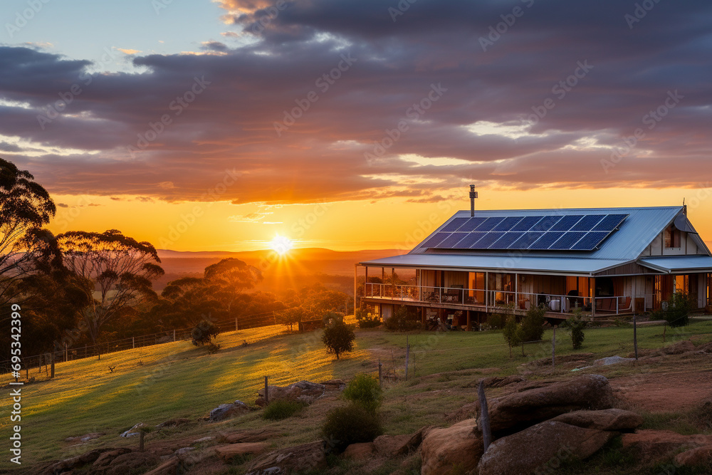 Beautiful house with solar panels on the roof under a bright sky. Sustainable and clean energy at a new eco friendly home. Beautiful house with solar panels on the roof under a bright sky. Sustainable and clean energy at a new eco friendly home.