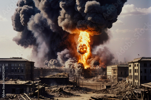 Destruction during the war conflict in the city with eruptions in the background