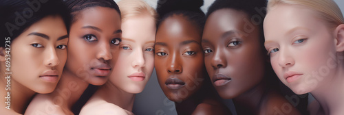 Diverse group of beautiful women. Girls of different ethnicity and skin color looking at camera. Diversity, Unity, skincare, cosmetics, women day and foundation palette concept. Women's History Month © Milan