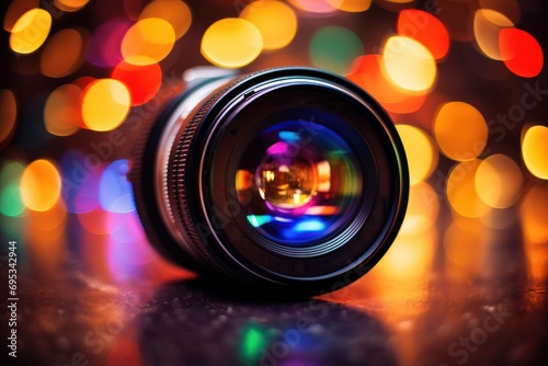 camera lens close up with lights bokeh, Photography and videography hobby and profession,
