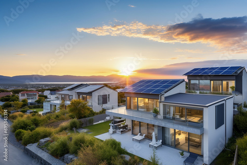 Beautiful house with solar panels on the roof under a bright sky. Sustainable and clean energy at a new eco friendly home.