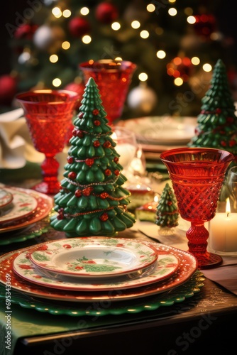 christmas table setting with classic red green golden decoration with lights bokeh and candles
