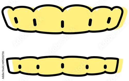 Dentistry: orthodontic appliances used to straighten teeth, upper and lower sets of mouthpieces