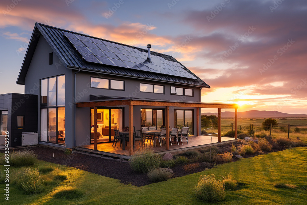 Beautiful house with solar panels on the roof under a bright sky. Sustainable and clean energy at a new eco friendly home. Beautiful house with solar panels on the roof under a bright sky. Sustainable and clean energy at a new eco friendly home.