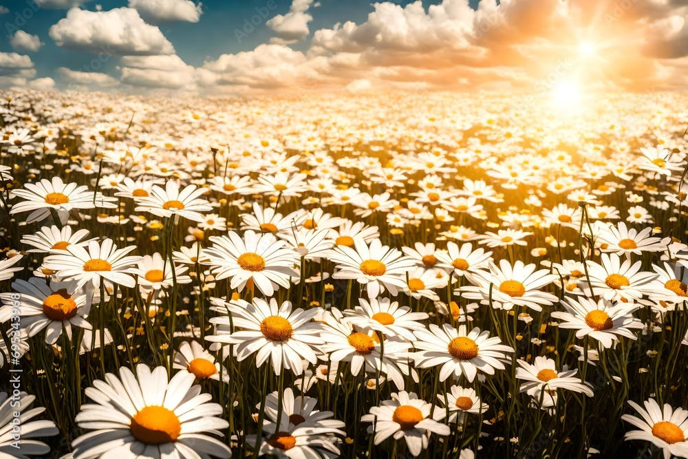field of daisies against sunset