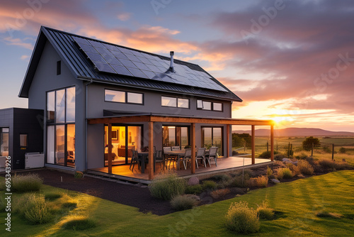 Beautiful house with solar panels on the roof under a bright sky. Sustainable and clean energy at a new eco friendly home.