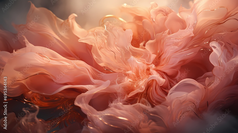 Close-up of liquid flames in a mesmerizing fusion of rose gold and blush pink colors, casting a soft and ethereal glow in a surreal landscape