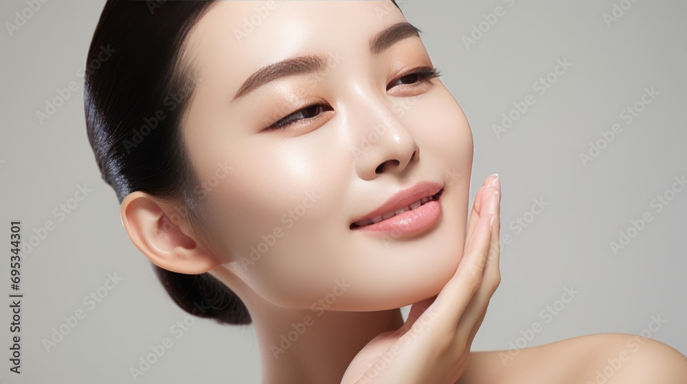 Skincare routine demonstration by young woman with clear skin. Beauty and personal care.