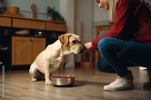 Young woman brought a bowl of food to her labrador dog