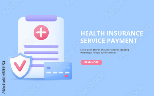 Banner Health insurance service payment concept. Medical contract with sign shield, credit card. Finance, business, cashless, medicine, healthcare service. Vector in cartoon minimal style