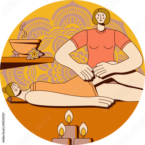 Anti cellulite massage with professional massage therapist in spa. Overweight treatment.Isolated flat vector illustration in circle shape.