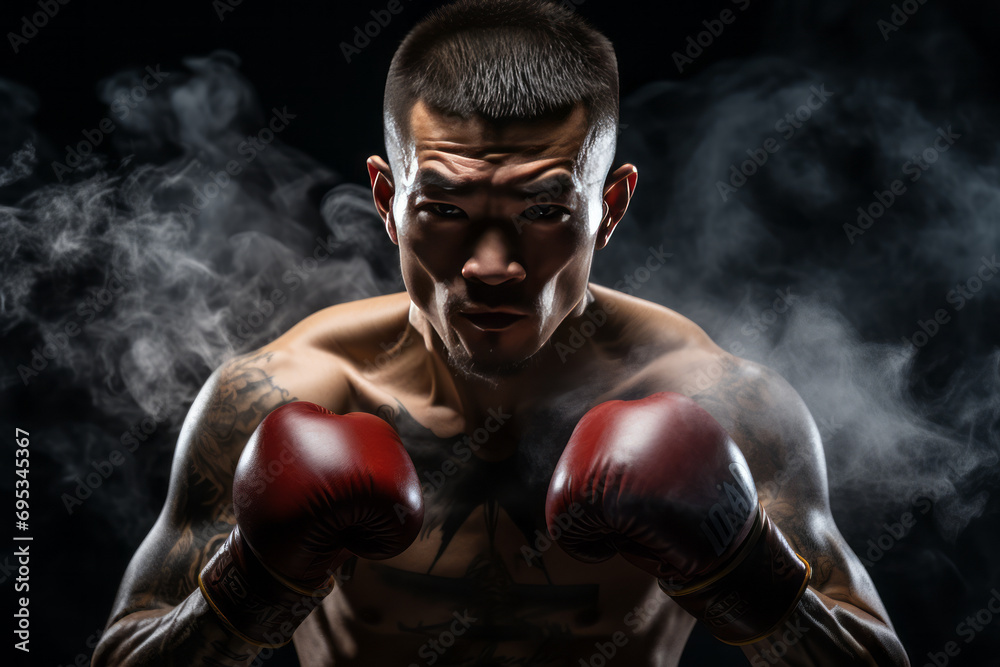 Obraz premium Portrait of an Asian boxer in a boxing stance on a black background.