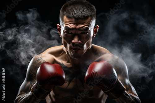 Portrait of an Asian boxer in a boxing stance on a black background. © Dzmitry