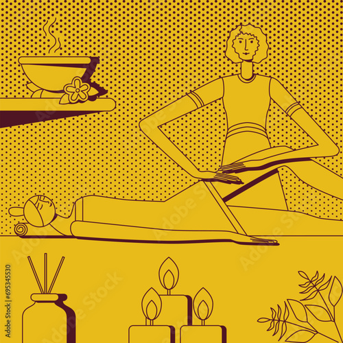 Anti cellulite massage with professional massage therapist in spa. Overweight treatment, body sculpting.Isolated vector illustration in retro style.