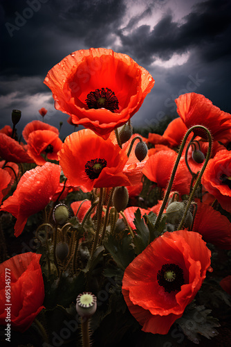 A Painterly Image of Poppies Against a Stormy Sky