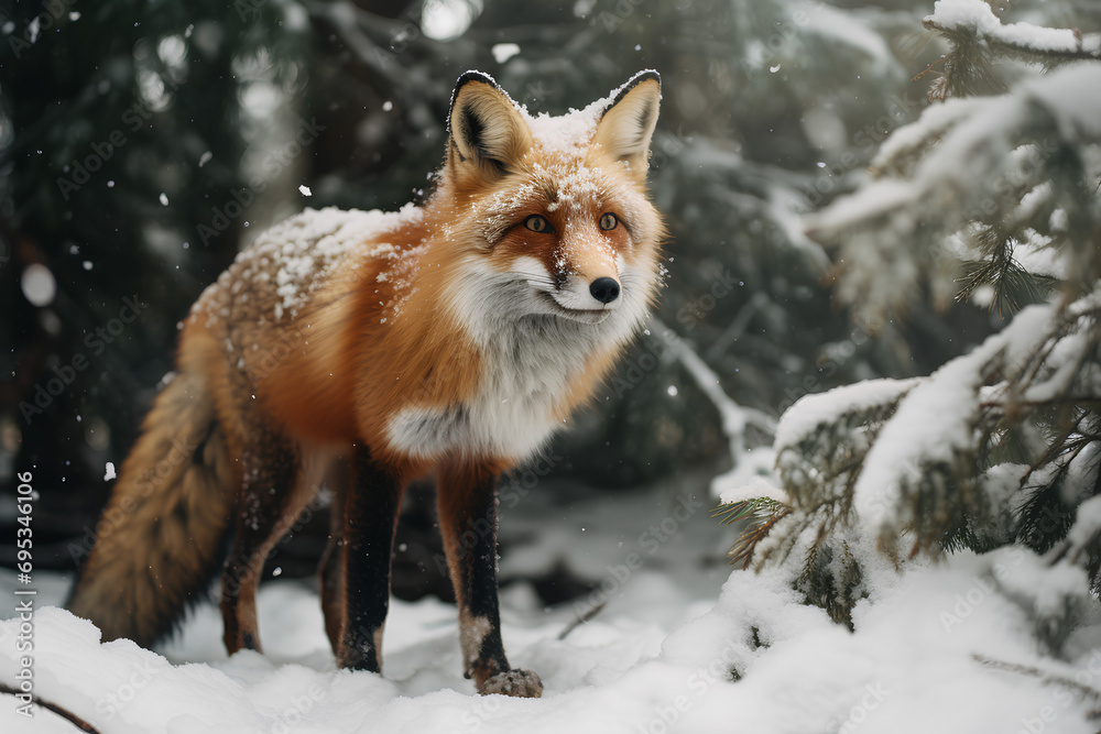 A Red Fox Hunting in a Snow-Covered Forest A Red Fox Hunting in a Snow-Covered Forest