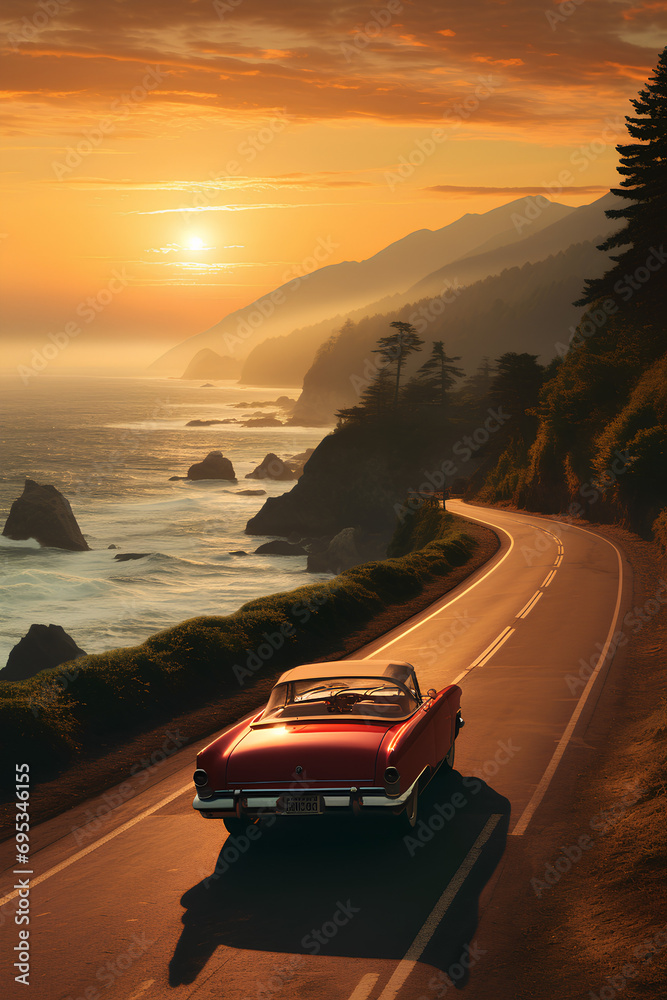A Scenic Coastal Road with a Convertible Driving into the Sunset