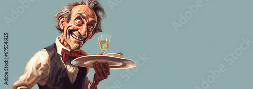 Funny old waiter standing in restaurant. Grey haired waiter man wearing uniform and holding stray with food and drinks. Fun design for café business concept. photo