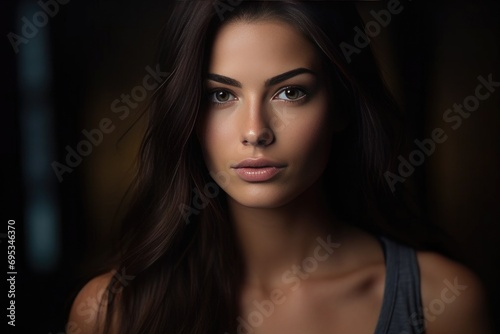 Portrait of young woman with natural makeup in soft lighting. Beauty and skincare.