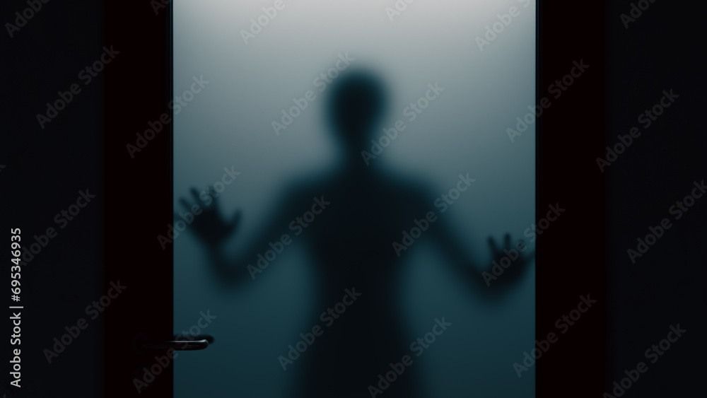 Terrified woman standing outside an opaque glass door, 3d rendering