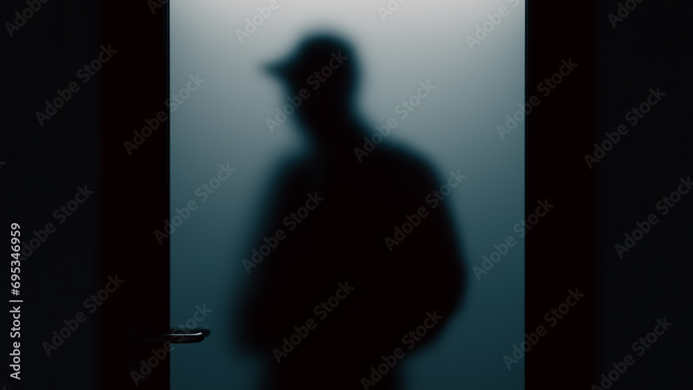A suspicious person is standing outside an opaque glass door., 3d rendering