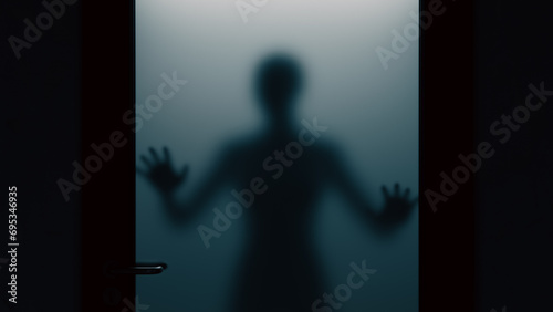 Terrified woman standing outside an opaque glass door, 3d rendering photo