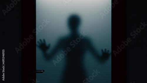 Foto Terrified woman standing outside an opaque glass door, 3d rendering