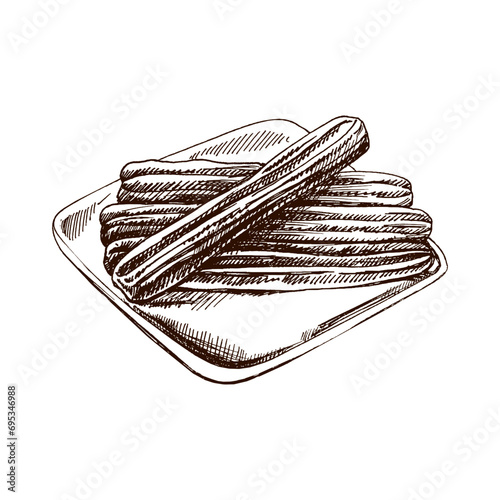 Hand-drawn sketch of churros. Vintage drawing of Mexican dessert. Vector black ink outline food illustration. Mexican food, cuisine. An illustration for the menu. Latin America.