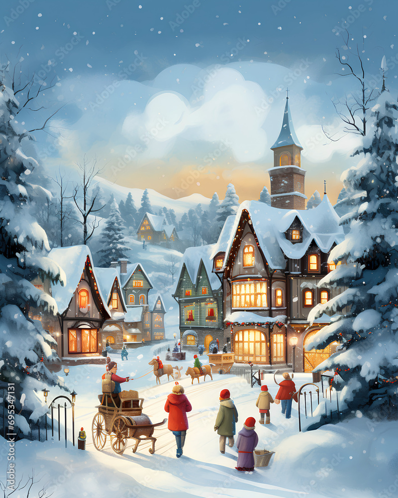 A Winter Wonderland Scene with Children Building a Snowman A Winter Wonderland Scene with Children Building a Snowman
