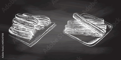 Hand-drawn set of churros sketch style on chalkboard background. Vintage drawing of Mexican dessert. Vector black ink illustration. Mexican food, cuisine. Latin America.