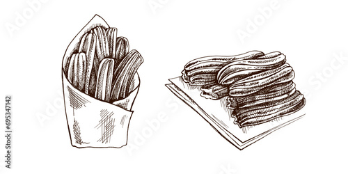Hand-drawn set of churros in sketch style. Vintage drawing of Mexican dessert. Vector black ink outline food illustration. Mexican food, cuisine. An illustration for the menu. Latin America.