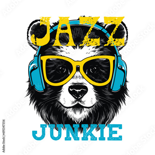 T-shirt or poster design with a bear listening to music on headphones