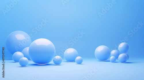 3D blue spheres of different sizes and transparency. Pastel colour pallet. Abstractive background. Generative AI