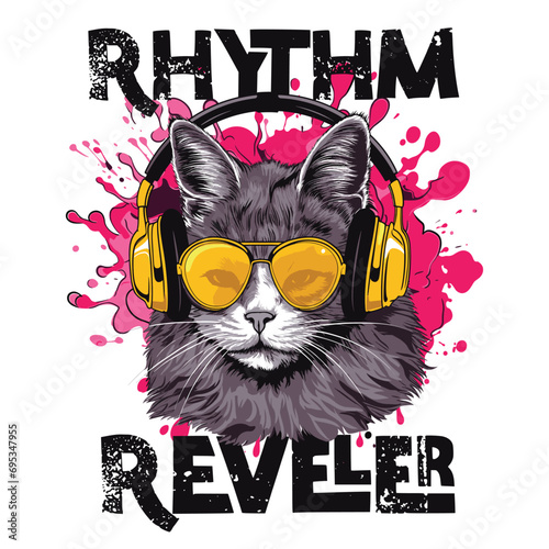 T-shirt or poster design with a cat listening to music on headphones