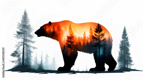 Silhouette of a bear against the backdrop of a winter forest, AI generated