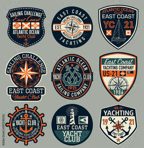 East coast yacht club sailing challenge badges and symbols vector collection for nautical  print or embroidery