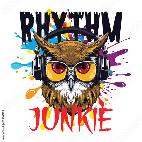 T-shirt or poster design with a owl listening to music on headphones