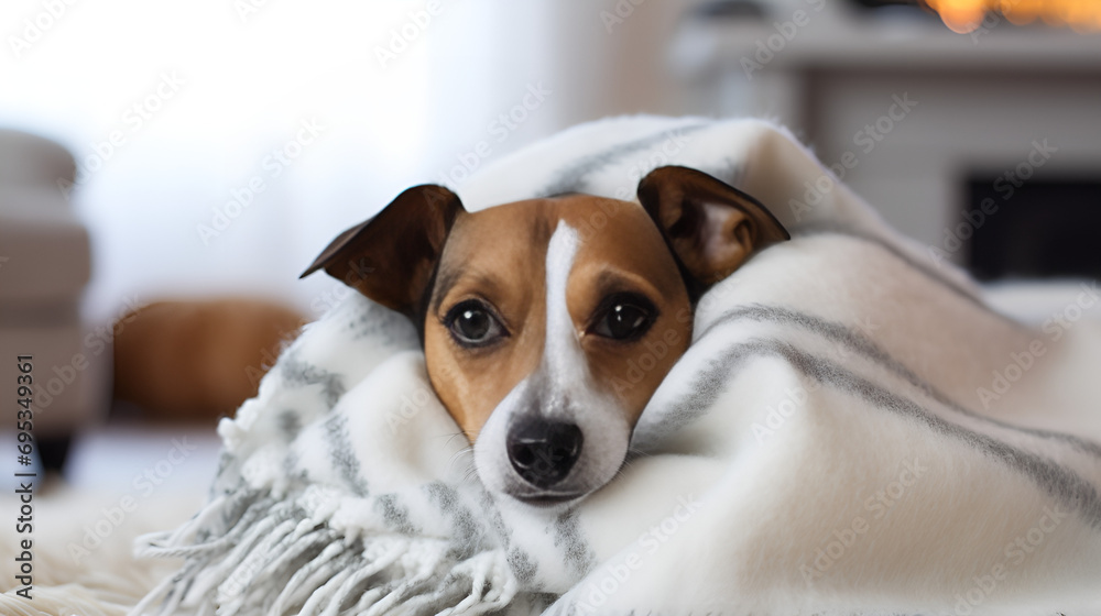 Jack Russell terrier dog lies on sofa. Pet care concept .Adorable Jack Russell Terrier Relaxing on Sofa