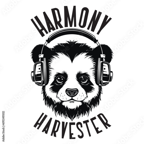 T-shirt or poster design with a panda listening to music on headphones