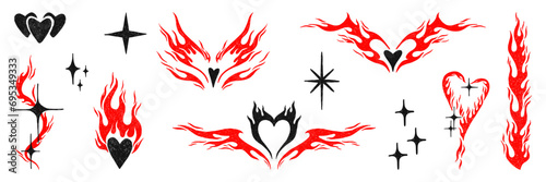 Set of hand drawn y2k style flame elements, heart shape, star, fire. Trendy grunge scrawl icon for stickers. Freehand pencil drawing vector illustration.