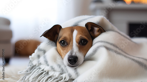 Jack Russell terrier dog lies on sofa. Pet care concept .Adorable Jack Russell Terrier Relaxing on Sofa