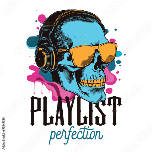 T-shirt or poster design with a skull listening to music on headphones