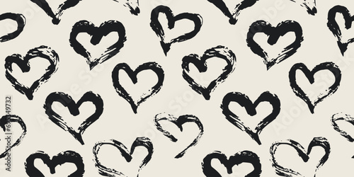Seamless heart pattern hand painted with ink brush