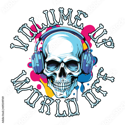 T-shirt or poster design with a skull listening to music on headphones