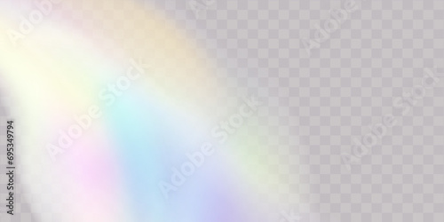 A set of colourful vector lens, crystal rainbow light and flare transparent effects.Overlay for backgrounds.Triangular prism concept.