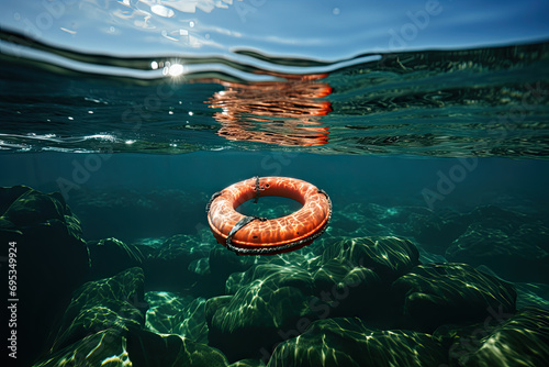 Generative AI image of a lifebuoy floating on a clear sea photo