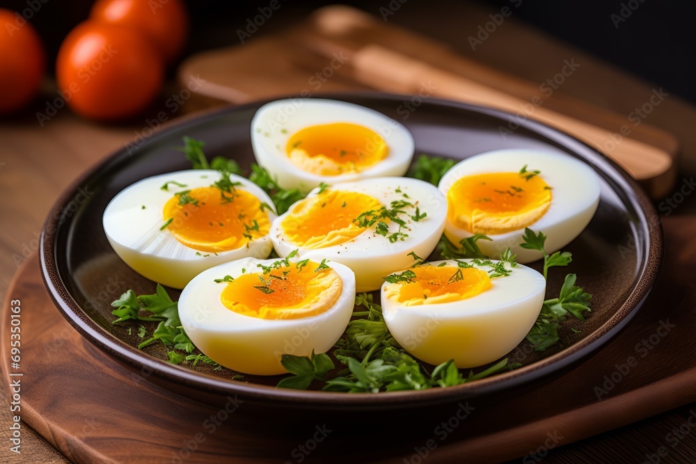 A plate of freshly cooked and peeled hard-boiled eggs, cut in half to reveal their hard yolks, presented on a rustic table setting A plate of freshly cooked and peeled hard-boiled eggs, cut in half to reveal their hard yolks, presented on a rustic table setting