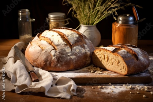 Traditional kitchen scene featuring a loaf of freshly baked rye bread, sliced and ready to serve, on a wooden chopping board photo